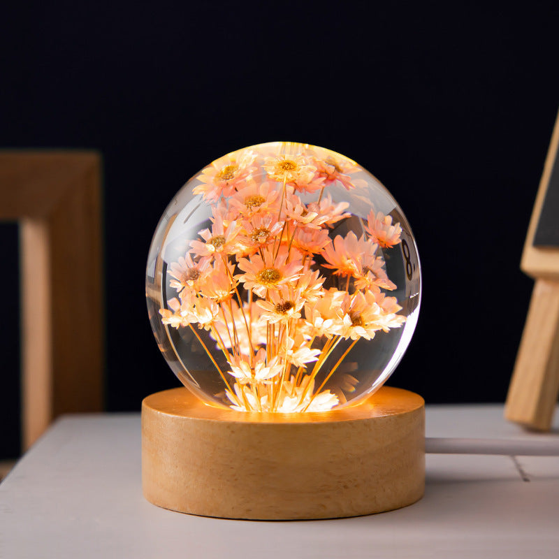 Luminous 3D Dandelion Crystal Ball Beech Wood Stand Base Preserved Flower Sphere Ball Christmas Gifts