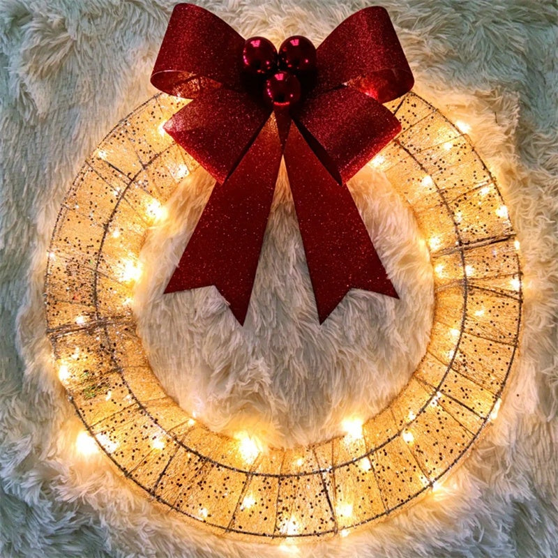 Home Christmas Garland 50CM Luminous LED Warm Light Metal Luminous Wreath With Big Bowknot Christmas Front Door Hanging Decor